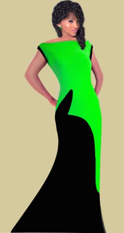 Bateau neck 2-tone long dress in bright-green & black