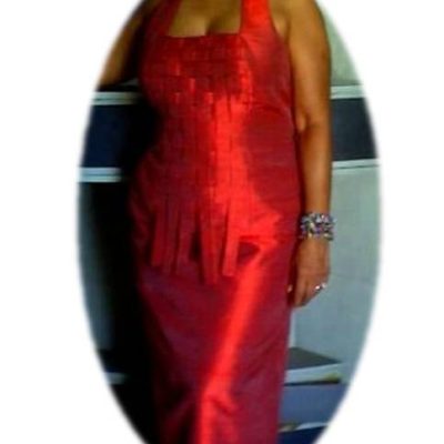 Client in red lattice 2-piece silk dress made from scratch precisely to her measurements